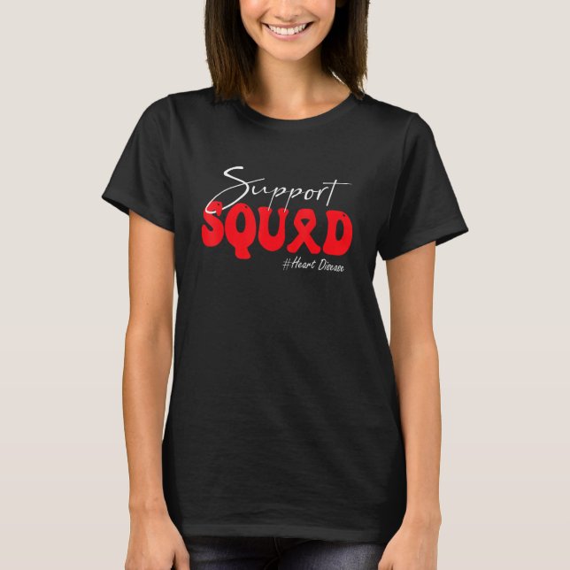 Support Squad Heart Disease Awareness Red Ribbon T Shirt (Framsida)