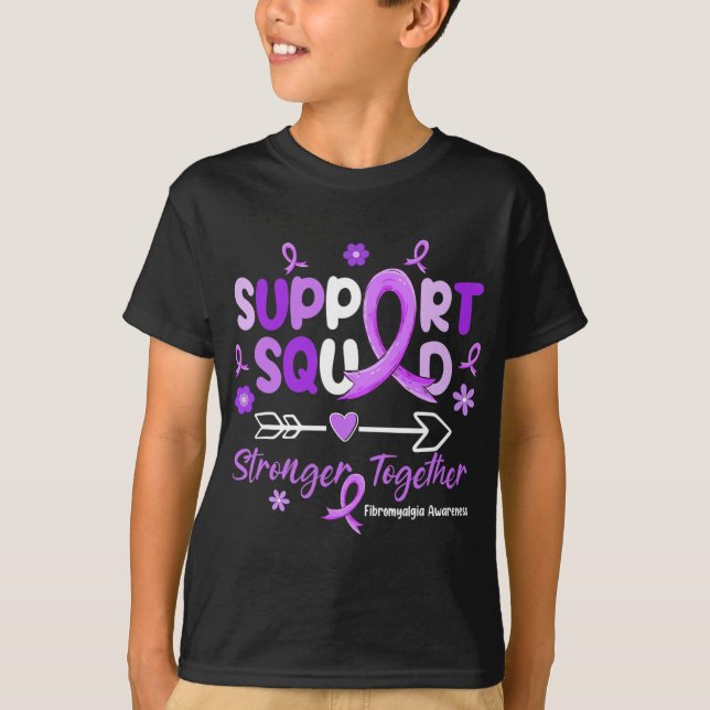 Support Squad Lila Ribbon Fibromyalgia Awareness T Shirt (Framsida)