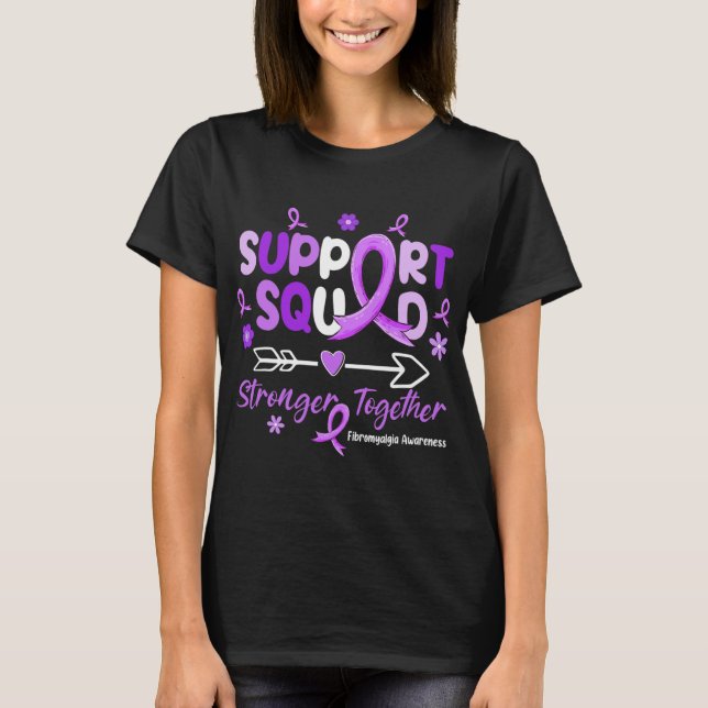 Support Squad Lila Ribbon Fibromyalgia Awareness T Shirt (Framsida)