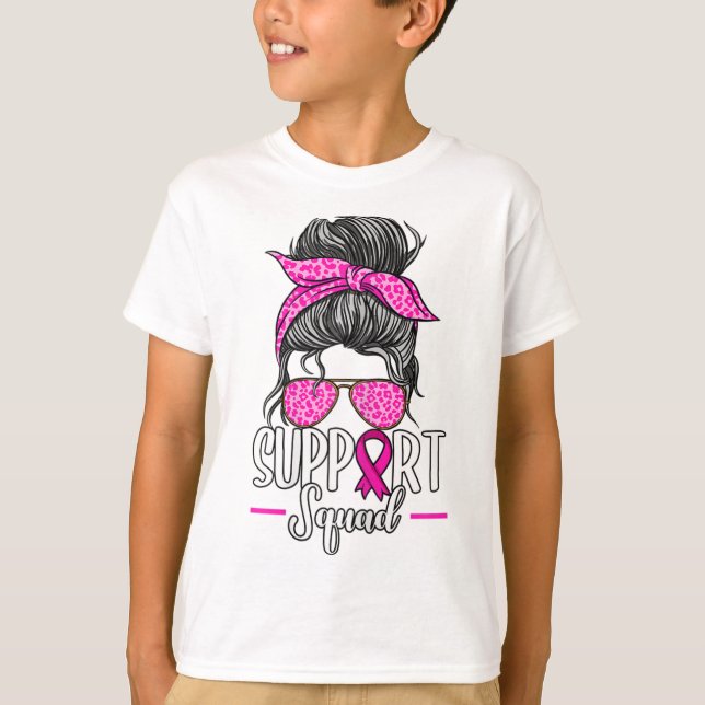 Support Squad Messy Bun Breast Cancer Awareness T Shirt (Framsida)