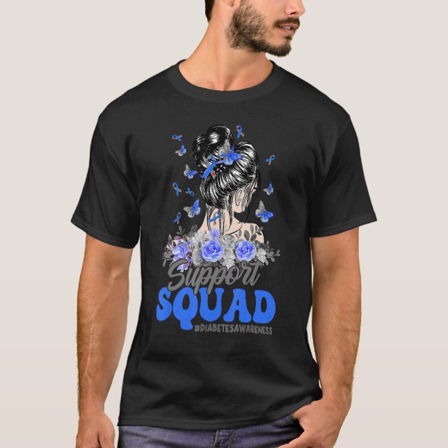 Support Squad Messy Bun Butterfly Diabetes Awarene T Shirt (Framsida)