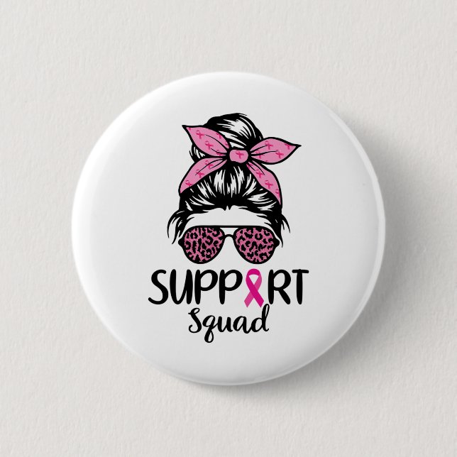 Support Squad Messy Bun Leopard Rosa Breast Cancer Knapp (Framsida)