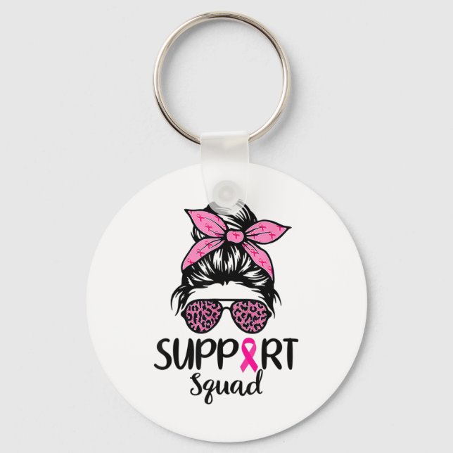 Support Squad Messy Bun Leopard Rosa Breast Cancer Nyckelring (Framsida)