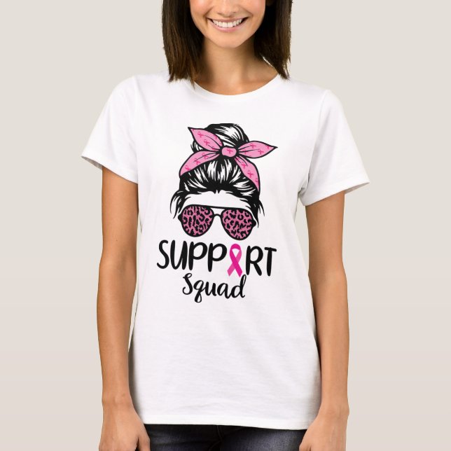 Support Squad Messy Bun Leopard Rosa Breast Cancer T Shirt (Framsida)