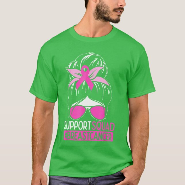 Support Squad Messy Bun Pink Warrior Awareness T Shirt (Framsida)