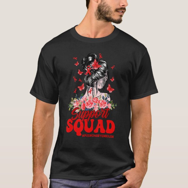 Support Squad Messy Bun Red Ribbon Pulmonary Embol T Shirt (Framsida)