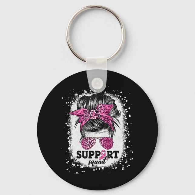 Support Squad Messy Bun Rosa Ribbon Breast Cancer Nyckelring (Framsida)