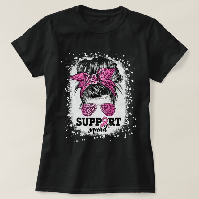 Support Squad Messy Bun Rosa Ribbon Breast Cancer T Shirt (Design framsida)