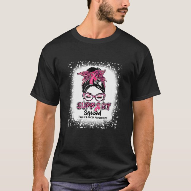 Support Squad Messy Bun Rosa Ribbon Breast Cancer T Shirt (Framsida)