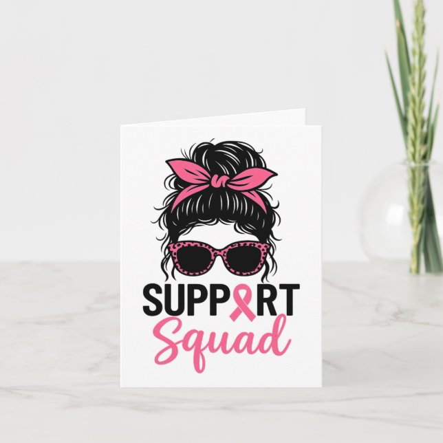 Support Squad Messy Bun Rosa Warrior Breast Cancer Kort (Framsida)