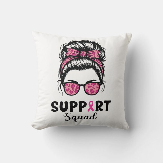 Support Squad Messy Bun Rosa Warrior Breast Cancer Kudde (Framsida)