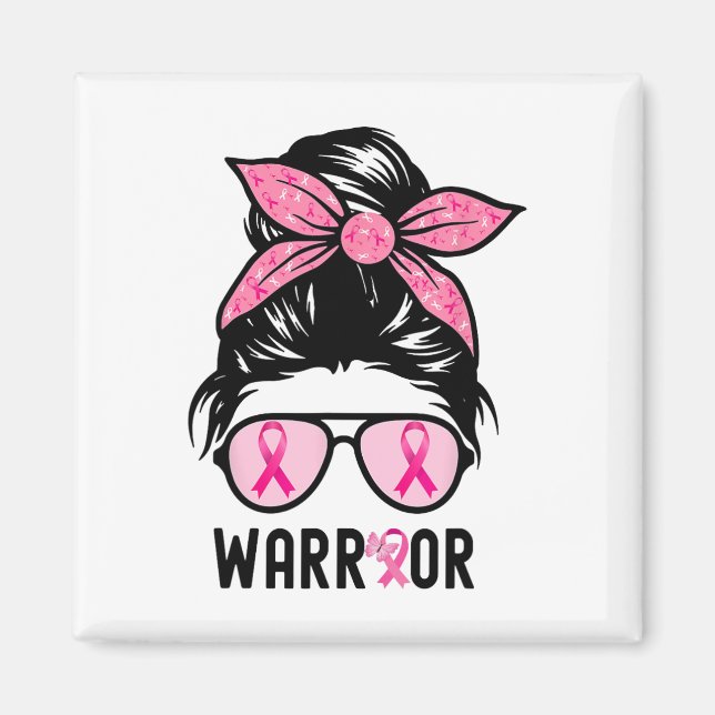 Support Squad Messy Bun Rosa Warrior Breast Cancer Magnet (Framsidan)
