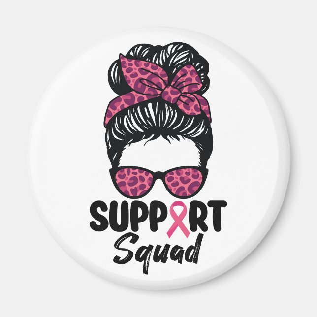 Support Squad Messy Bun Rosa Warrior Breast Cancer Magnet (Framsidan)