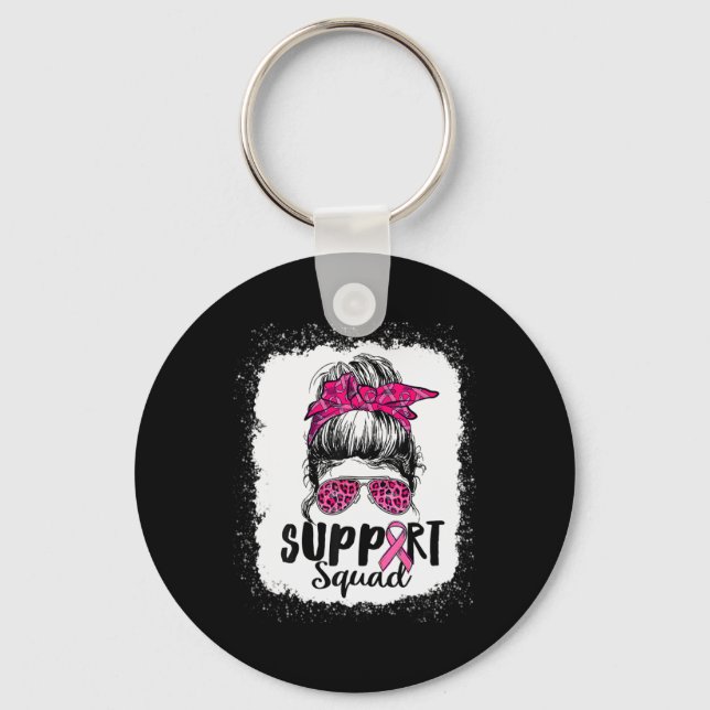Support Squad Messy Bun Rosa Warrior Breast Cancer Nyckelring (Framsida)