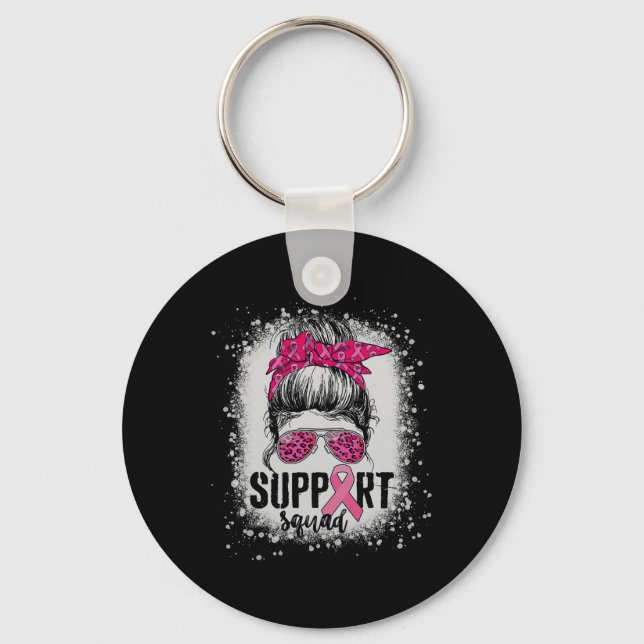 Support Squad Messy Bun Rosa Warrior Breast Cancer Nyckelring (Framsida)