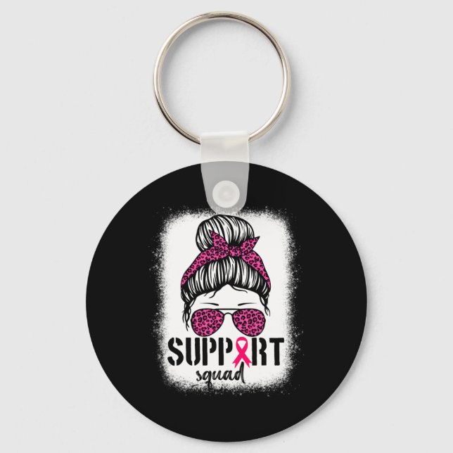 Support Squad Messy Bun Rosa Warrior Breast Cancer Nyckelring (Framsida)