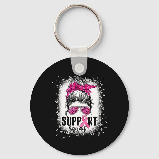 Support Squad Messy Bun Rosa Warrior Breast Cancer Nyckelring (Framsida)