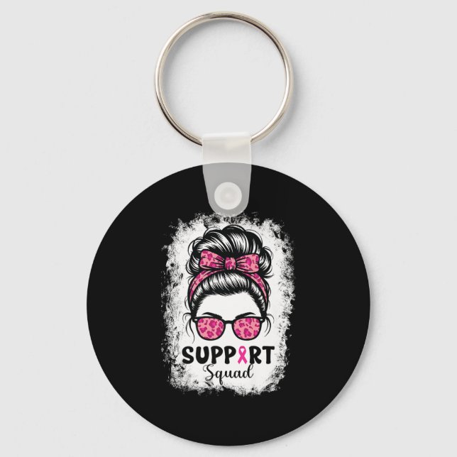 Support Squad Messy Bun Rosa Warrior Breast Cancer Nyckelring (Framsida)