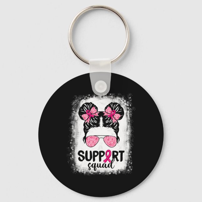 Support Squad Messy Bun Rosa Warrior Breast Cancer Nyckelring (Framsida)
