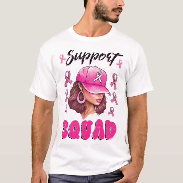 Support Squad Messy Bun Rosa Warrior Breast Cancer T Shirt (Framsida)