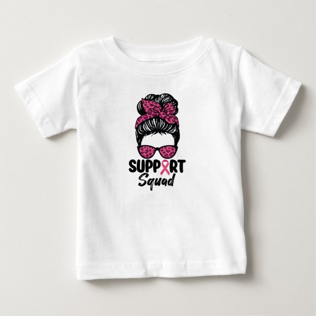 Support Squad Messy Bun Rosa Warrior Breast Cancer T Shirt (Framsida)