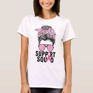 Support Squad Messy Bun Rosa Warrior Breast Cancer T Shirt