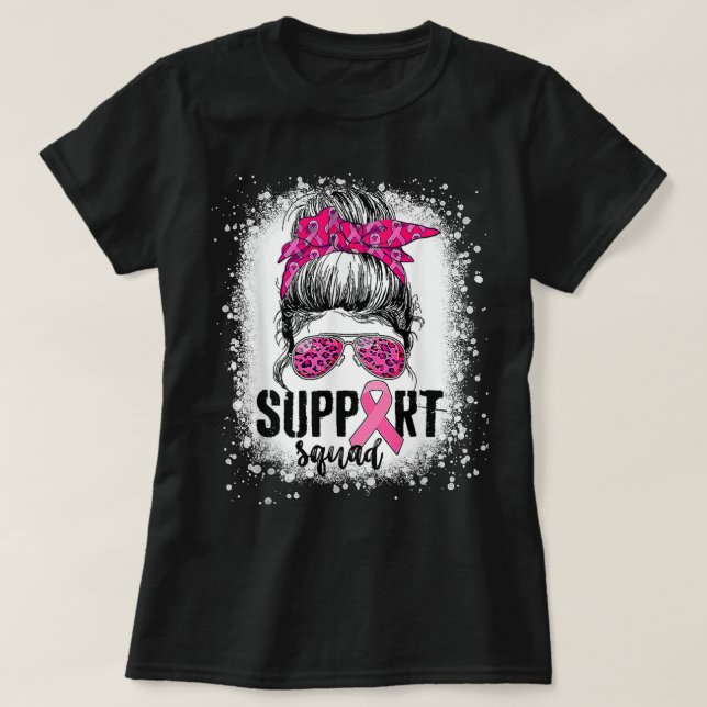 Support Squad Messy Bun Rosa Warrior Breast Cancer T Shirt (Design framsida)