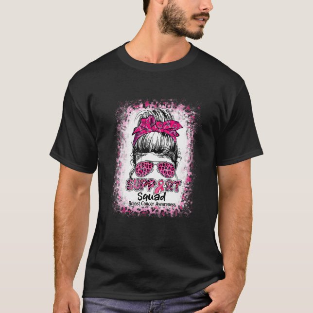 Support Squad Messy Bun Rosa Warrior Breast Cancer T Shirt (Framsida)