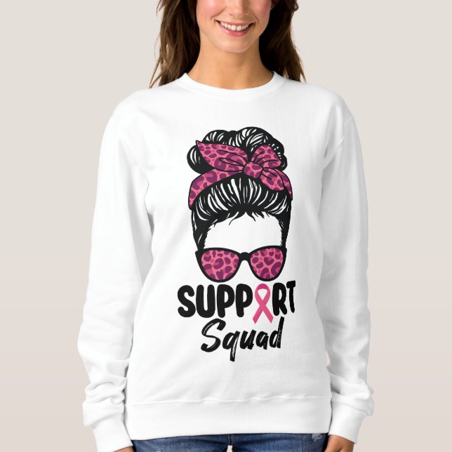 Support Squad Messy Bun Rosa Warrior Breast Cancer T Shirt (Framsida)