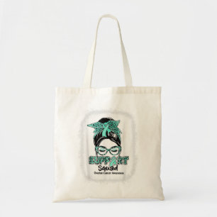 Support Squad Messy Bun Teal Ribbon Ovarian Cancer Tygkasse