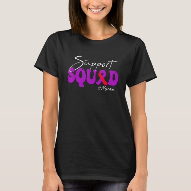 Support Squad Migraine Awareness Purple & Red Ribb T Shirt (Framsida)