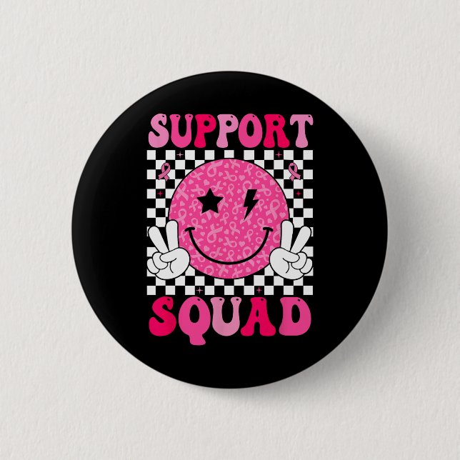 Support Squad Rosa Ribbon Smile Ansikte Breast Can Knapp (Framsida)