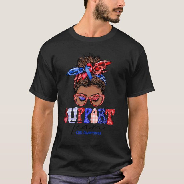 Support Team Messy Bun Butterfly Blue & Red Ribbon T Shirt (Framsida)