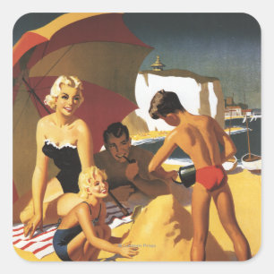 Sur British Railways Family on Beach Fyrkantigt Klistermärke