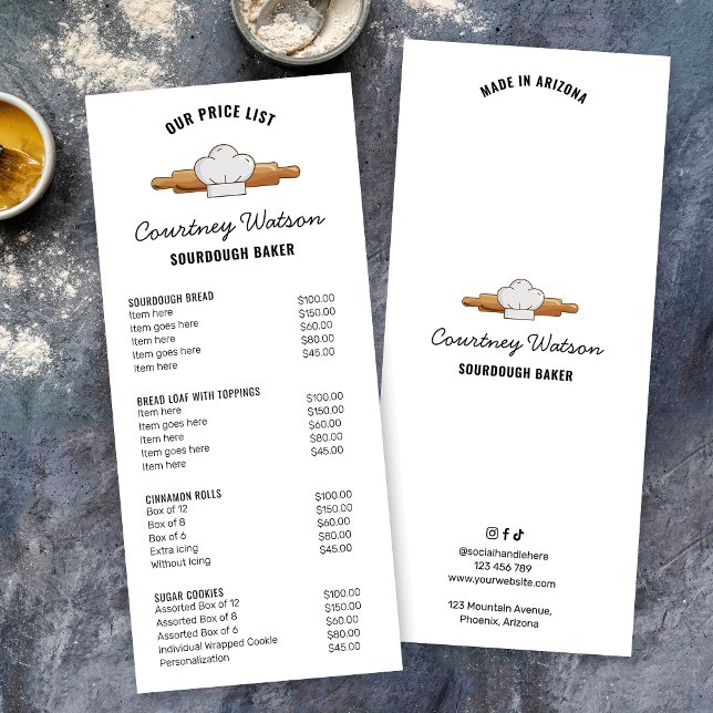 Surdegsbröd Bagare Modern 4x9" Meny Prislista (Modern bakery price list rack card with bakery clipart in minimalist black & white)