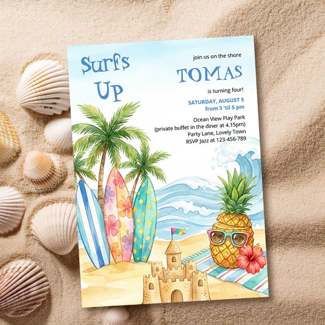 Surf är Upp Aloha Tropisk Strand Barns Födelsedag Inbjudningar (Surfs Up kids beach party birthday invitation by Darling & May)