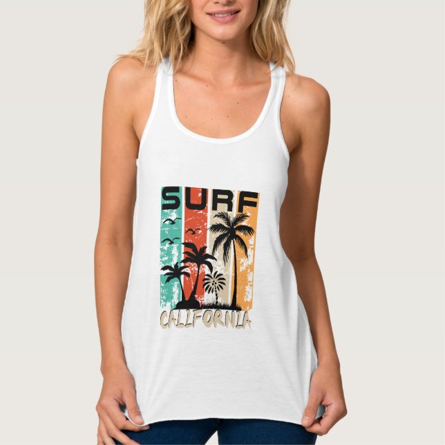 Surf California palm tree beach design  Linne Med Racerback (Framsida)