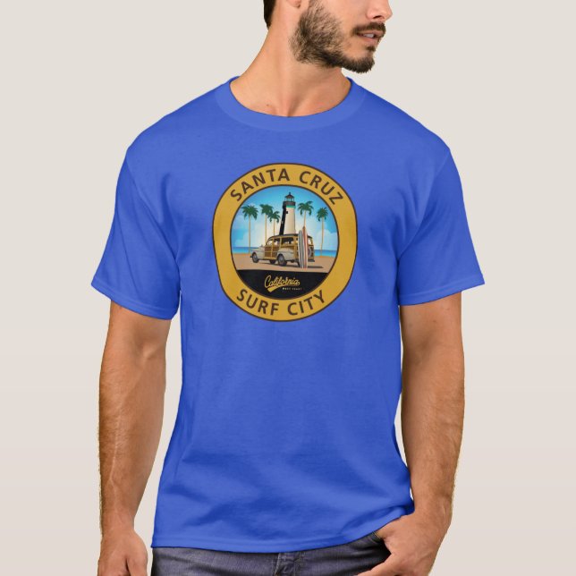 Surf City Logo Lighthouse with Woodie Sticker Wood T Shirt (Framsida)