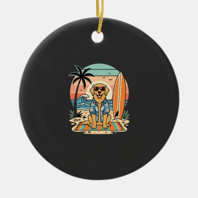Surf Dog Retro Strand Sommar Julgransprydnad Keramik (Framsidan)