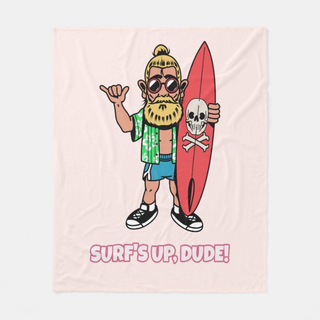 Surf’s Up Dude Bearded Cartoon Surfer Fleecefilt (Framsidan)