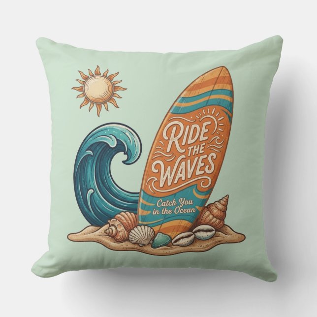 Surf & Sea: Vintage Surfing Quote Throw Pillow Kudde (Framsida)