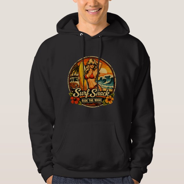 Surf Shack Surfer Pin-Up | Ride The Waves Beach Hoodie (Framsida)