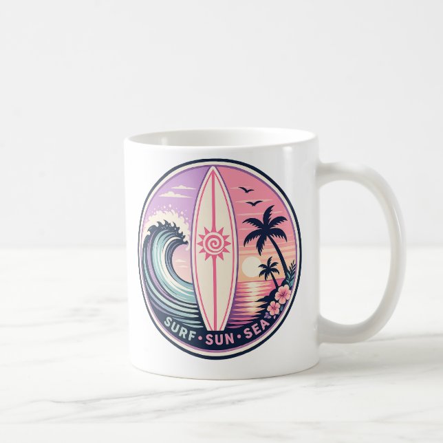 Surf • Sol • Hav Retro Tropisk Våg Emblem | Vinta Kaffemugg (Höger)