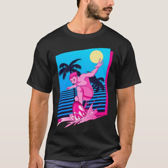 Surf Synthwave Solnedgång Palmträd Surfing 80-tals T Shirt (Framsida)