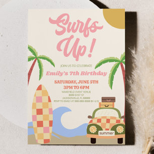 Surf uppe! Rosa Beach Surfa Modern Födelsedagsfest Inbjudningar