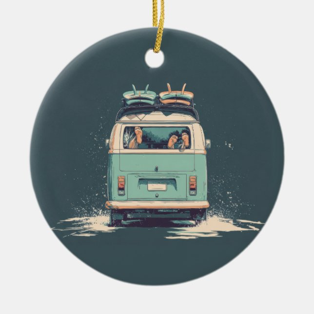 Surf Van Splash – Retro strandcamper Julgransprydnad Keramik (Framsidan)
