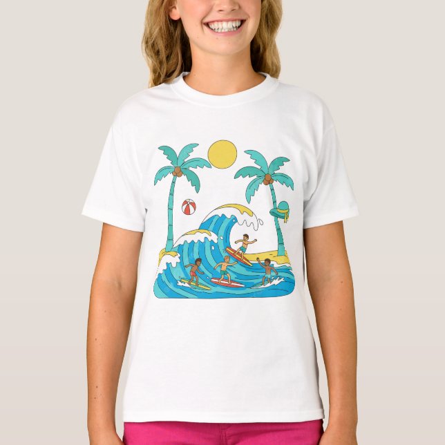 Surf & Waves – Cartoon Beach Girl T-Shirt (Framsida)