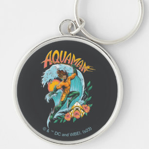 Surfa av Aquaman och Trident Stigning Graphic Rund Silverfärgad Nyckelring