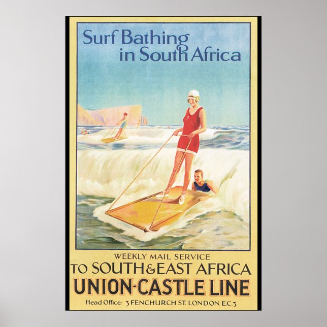 Surfa Bathing i södra Afrika Vintage resor Poster (Framsidan)