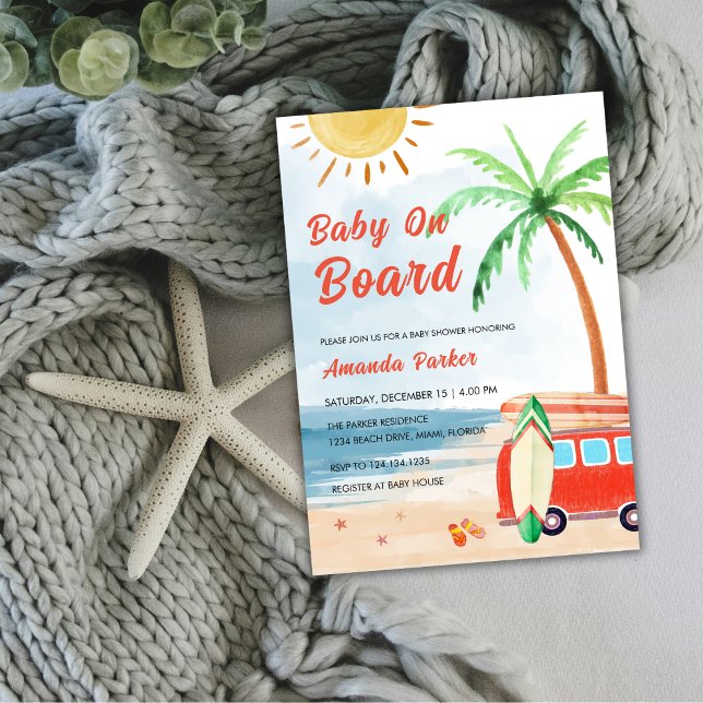 Surfa Beach Baby ombord på babyskor Inbjudningar (Surf Beach Baby On Board Baby Shower Invitation)